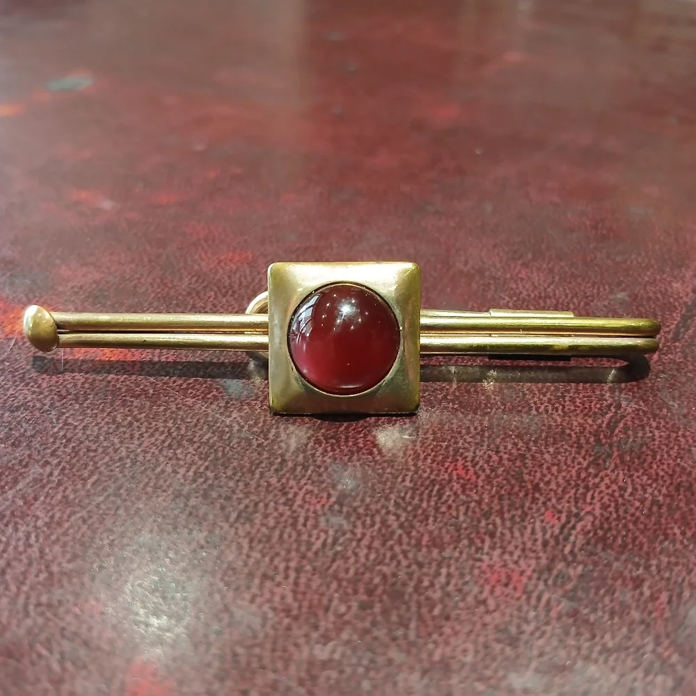 Vintage Gold Tone Tie Clip with Red Stone or Glass